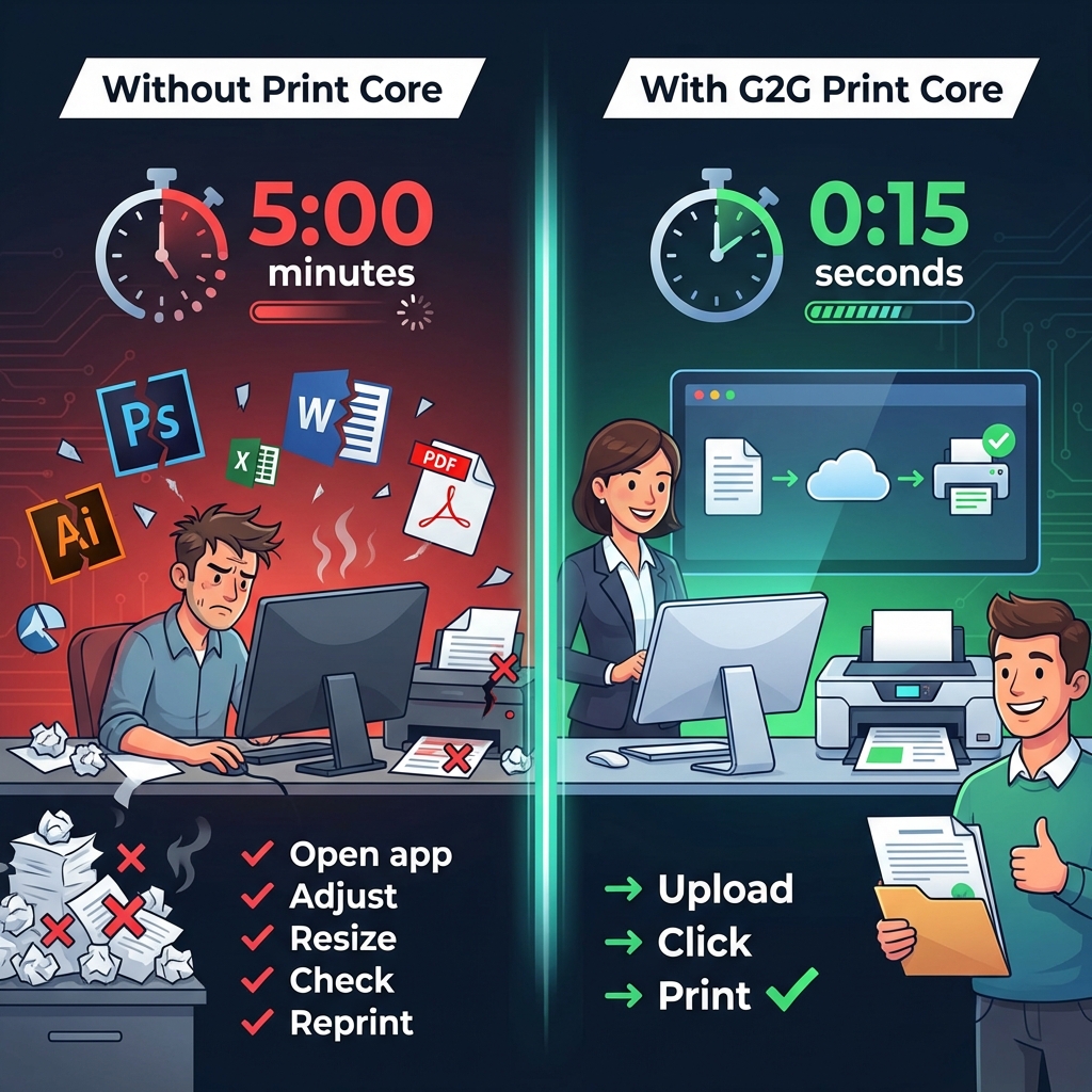 Workflow comparison: Manual process takes 5 minutes with multiple apps, G2G Print Core takes 15 seconds with Upload-Click-Print
